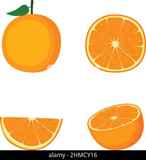 Orange, whole fruit, half and slice, on white background, vector illustration Stock Vector