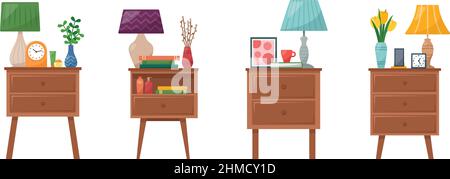 Set of bedside tables with lamp, clock, vase with flowers, books, phone, cream for hand and face, vector illustration Stock Vector