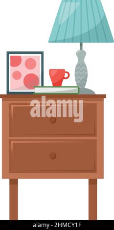 Bedside table with lamp, book, mug, picture, vector illustration Stock Vector