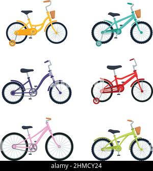 Set of kid bicycles on white background. Children bikes, vector illustration Stock Vector