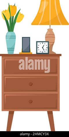 Bedside table with lamp, phine, vase with flowers, clock, vector illustration Stock Vector
