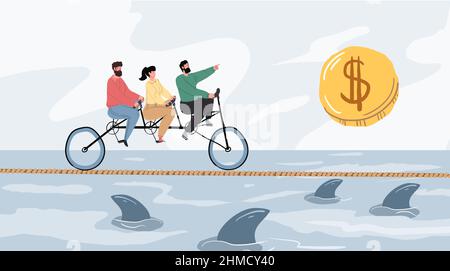 Flat cartoon characters rides tandem bicycle,financial risks analysis and money management vector illustration concept Stock Vector