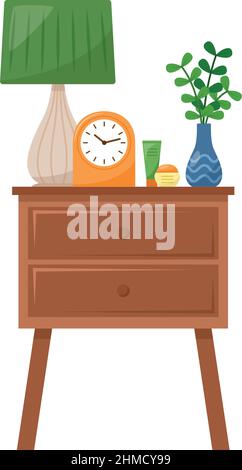 Bedside table with lamp, vase, clock, cream for hand and face, vector illustration Stock Vector