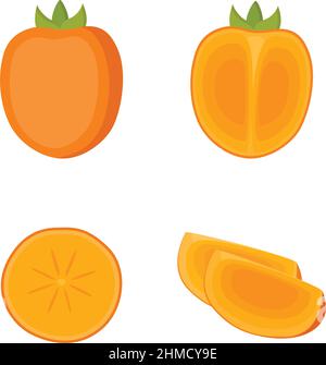 Persimmon, whole fruit, half and slices, on white background, vector illustration Stock Vector