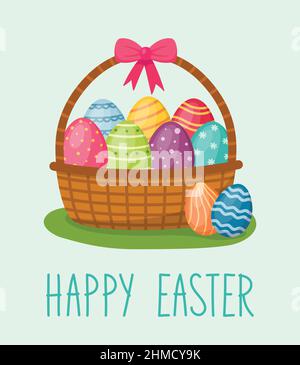 Happy Easter card. Basket with eggs, handwriting text, vector illustration Stock Vector