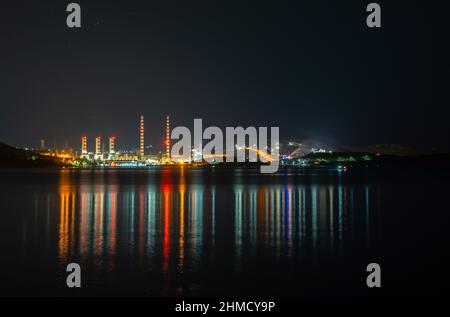 Night view of the power plant of DEH at Lavrio,Greece Stock Photo