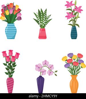 Set of vases with flowers. Collection of flower bouquets in vases, vector illustration Stock Vector