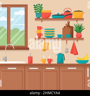 Kitchen interior. Shelves with cooking tools, vector illustration Stock Vector