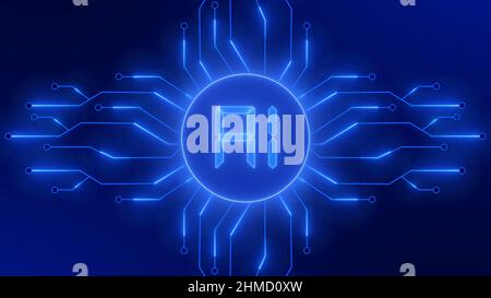 Futuristic digital circuit background symbolic for artificial technology - bright AI sign in frame between information connecting lines Stock Photo