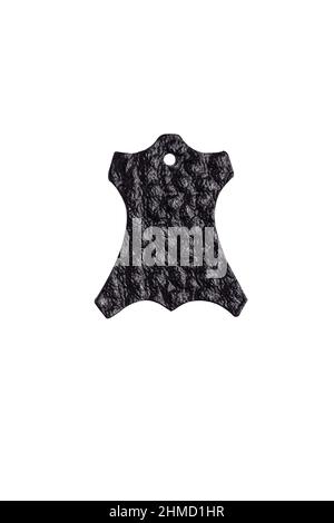 Real genuine leather symbol represents the hid, or skin of an animal. Textured surface of natural leather. Black emblem is isolated on white backgroun Stock Photo