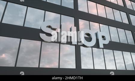 Shop sign on a modern glass skyscraper. Shop glass building. 3d rendering Stock Photo