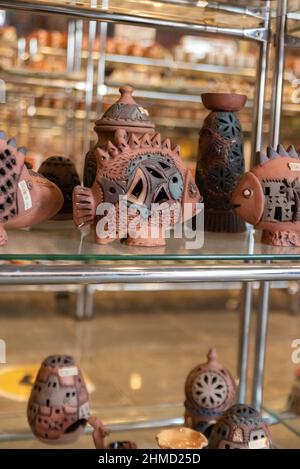 Hurghada, Egypt - September 1, 2021: Egyptian souvenirs. Display in a gift shop reminiscent of a vacation in Africa. Stock Photo