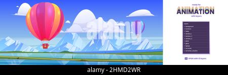 Nature scene with flying hot air balloon, lake and mountains on horizon. Cartoon landscape with rocks and airships with basket fly over river. Vector backdrop ready for animation with parallax effect Stock Vector