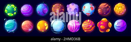 Fantasy alien planets for ui space game. Vector cartoon icons set of magic fantastic world, cosmic objects different colors with bubbles, holes and spirals. Cute planets and moons collection Stock Vector