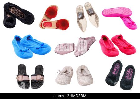 Collage Set Womens shoes. A collection of feminine elegant colourful stylish slippers isolated on a white background. Slipper fashion for summer and w Stock Photo