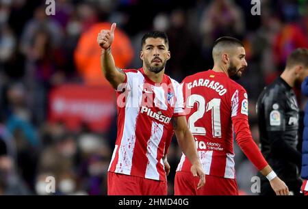 Luis Suárez (9) of Atlético de Madrid at the end of the twenty three day of La Liga Santader match between FC Barcelona and Atletico de Madrid at Camp Nou Stadium on February 06 , 2022 in Barcelona, Spain. Stock Photo