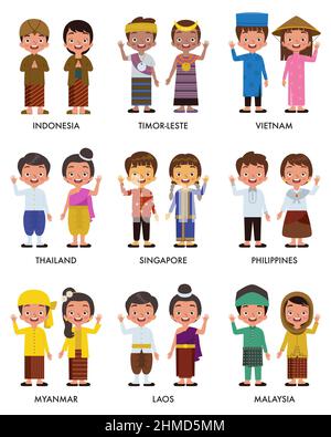 Set of asian children illustration wearing traditional clothes from various country like Indonesia, Timor Leste, Vietnam, Thailand, Singapore, Philipp Stock Vector