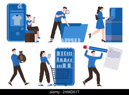 Pack of illustrations for website and application UI, collection of characters in various poses and scenes, to fit your needs for online business Stock Vector