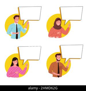 Vector illustrations, flat style, business people provide information with speech bubbles on social networks, news, and chat. Stock Vector