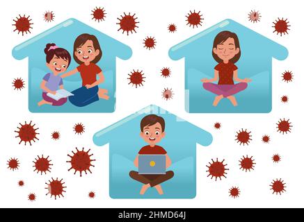 illustration of various kinds of activities carried out at home or self isolation due to the pandemic, such as playing with your children, working, an Stock Vector