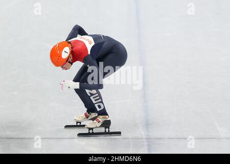 Beijing, China. 09th Feb, 2022. BEIJING, CHINA - FEBRUARY 9: Suzanne Schulting of the Netherlands competing in the Women's 1000m Heats during the Beijing 2022 Olympic Games at the Capitol Indoor Skating on February 9, 2022 in Beijing, China (Photo by Iris van den Broek/Orange Pictures) NOCNSF Credit: Orange Pics BV/Alamy Live News Stock Photo