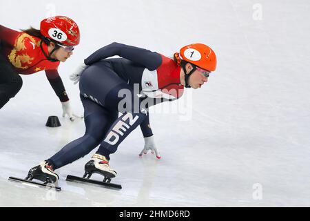 Beijing, China. 09th Feb, 2022. BEIJING, CHINA - FEBRUARY 9: Suzanne Schulting of the Netherlands competing in the Women's 1000m Heats during the Beijing 2022 Olympic Games at the Capitol Indoor Skating on February 9, 2022 in Beijing, China (Photo by Iris van den Broek/Orange Pictures) NOCNSF Credit: Orange Pics BV/Alamy Live News Stock Photo