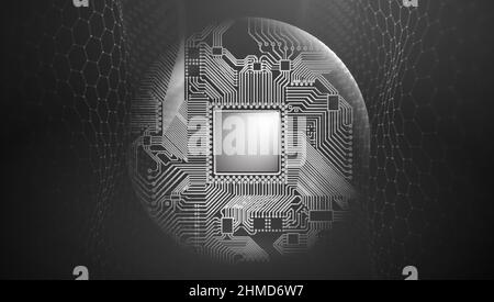 Microchip with circuit in sphere shield. Data processing. Big Data and Data Science. Stock Vector