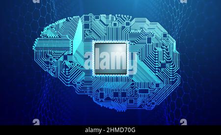 Brain circuit board blue technology illustration. Artificial intelligence human brain circuit. Big data and data science. Stock Vector