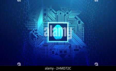 Fingerprint circuit board blue technology illustration. Fingerprint authorization concept. Digital data security. Stock Vector