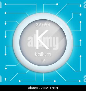 Realistic button with potassium symbol. Chemical element is kalium. Vector isolated on white background Stock Vector