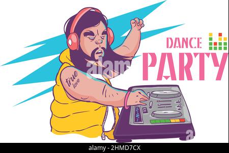 Professional DJ Vector. Playing Disco House Music. Mixing Music On Turntables. Party Dance Concept. Stock Vector