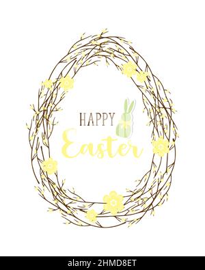 Happy Easter egg from twigs with yellow flowers and an inscription, brush branch, postcard, isolated, on a white background. Vector illustration Stock Vector