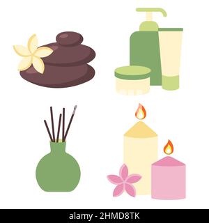 Set of elements for spa and relaxation. Zen stones, cosmetic creams, essential oil diffuser and aroma candles. Accessories for relax, meditation and p Stock Vector