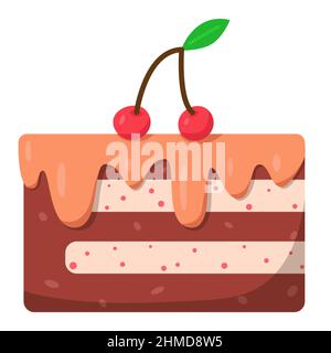 Cake slice with cream and cherries. Cute illustration in cartoon flat style. Happy Birthday greeting card design element. Vanilla and chocolate cake Stock Vector