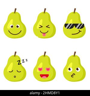 Set of pear emojis. Kawaii style icons, fruit characters. Vector illustration in cartoon flat style. Set of funny smiles or emoticons. Good nutrition Stock Vector