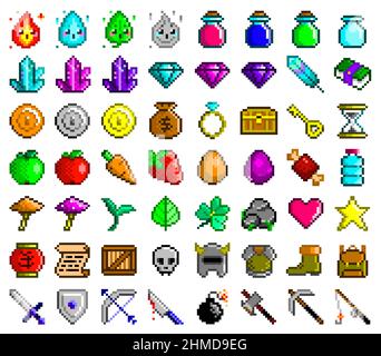 Pixel art vector icons set. Game assets - food, flasks, gems, tools, armor, weapons, coins, elementals. 56 items for various design purposes Stock Vector