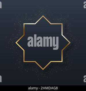 Gold star with eight points, stardust and glow light effect vector illustration. Abstract symmetry decor, single golden frame with 8 corners, glitteri Stock Vector