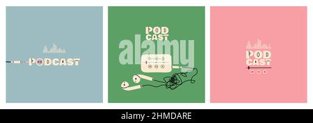 Podcast cover set. Music player buttons with equalizer and play track, sound wave. Headphones with tangled wire. Vector trendy illustration for design Stock Vector