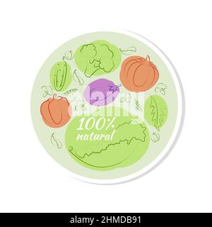Bubble sticker label tag with doodle vegetables set. 100 natural product, 100 organic, healthy food. Organic food icons in vector. Vector illustration Stock Vector