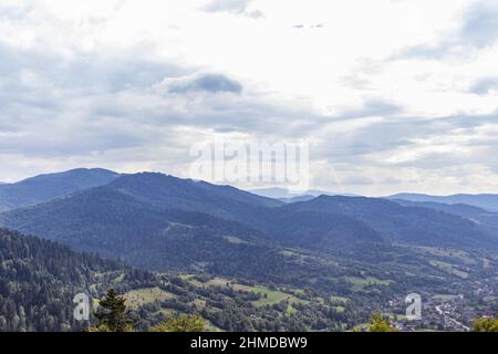 Beautiful panoramic views of the Carpathian Mountains from Uzhotsky pass high peack mountain in Ukrainian Carpathians Mountains Stock Photo