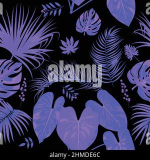 Seamless pattern with violet tropical palm leaves and flowers on white background.  Floral decorative illustration vector, for print design Stock Vector