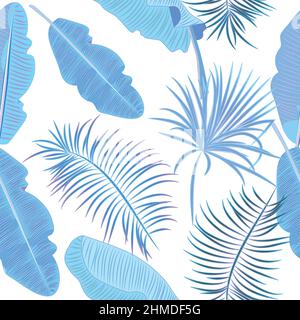 Blue tropical jungle palm tree leaves seamless vector pattern.  Botany background, jungle  wallpaper Stock Vector