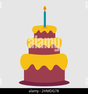 Cake With Candle. Three Tiers Of  Birthday And Valentine Celebration.Cake On A Platter. Glazed Cake Decorated With Cream And Candles. Festive Sweets Stock Vector