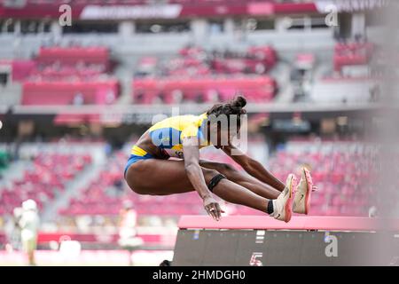 Khaddi Sagnia participating in the Tokyo 2020 Olympic Games in the long jump discipline. Stock Photo