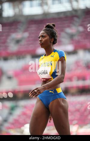 Khaddi Sagnia participating in the Tokyo 2020 Olympic Games in the long jump discipline. Stock Photo