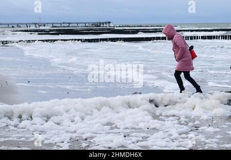 06 February 2022, Mecklenburg-Western Pomerania, Prerow: 06.02.2022, Wustrow on the Darß. Foam piles up on a stormy day on the beach of the Baltic Sea in Wustrow. A tourist walks through the foam. The foam is considered non-toxic and harmless to humans - it consists of algae remains and small air bubbles. Photo: Wolfram Steinberg/dpa Photo: Wolfram Steinberg/dpa Stock Photo
