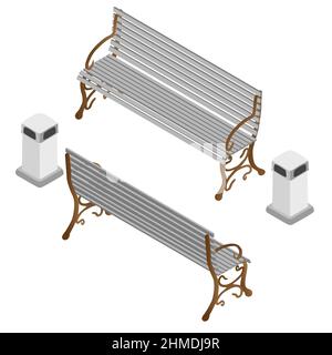 Set with a street bench with trash cans isolated on a white background. Flat style. Isometric view. Vector illustration. Stock Vector