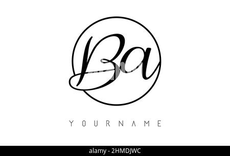 Handwritten letters BA logo design with simple circle vector illustration. Creative icon with wired letters and circle frame. Stock Vector