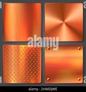 Realistic copper banners collection. Brushed stainless steel plate. Polished metal surface. Scratched industrial texture, metal background. Vector Stock Vector