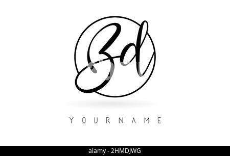 Handwritten letters Bd logo design with simple circle vector illustration. Creative icon with wired letters and circle frame. Stock Vector